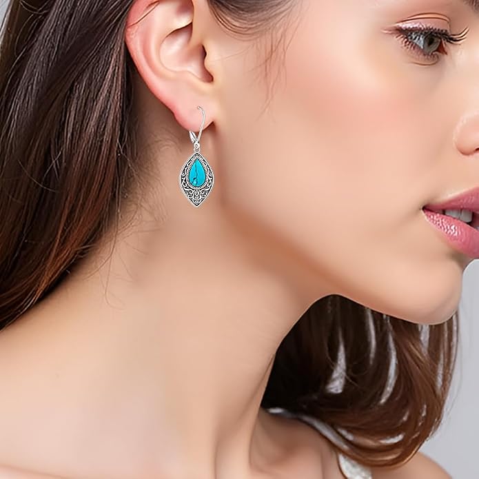 Turquoise Earrings for Women Sterling Silver Dangle Earrings Filigree Jewelry Drop Leverback Mothers Day Gift