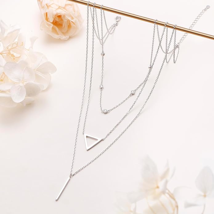 Layered Choker Necklaces for Women S925 Sterling Silver Circle/Heart/Cross/Star Multi Layered Necklace Handmade Bead Chain Adjustable Jewelry for Birthday
