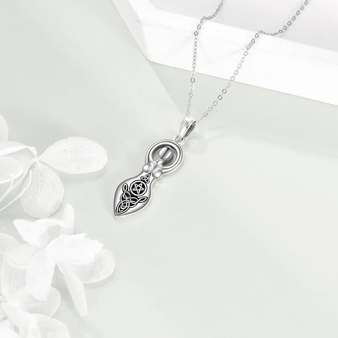 YFN Triple Moon Goddess Necklace Sterling Silver Pentagram Pentacle Opal Pendant necklace Pagan Wiccan Magic Amulet Tree of Life Jewelry for Women Men 18"