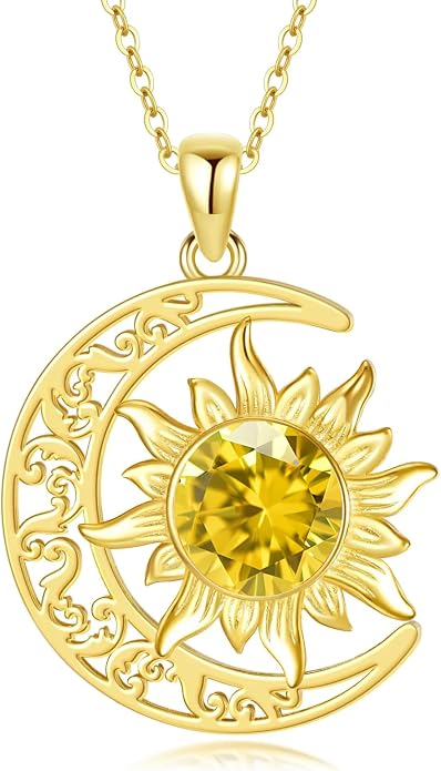 Crescent Moon Necklace for Women 18K Gold Plated Silver Moon and Sun Pendant with Gemstone Dainty Birthstone Jewelry Pendant Necklace for her