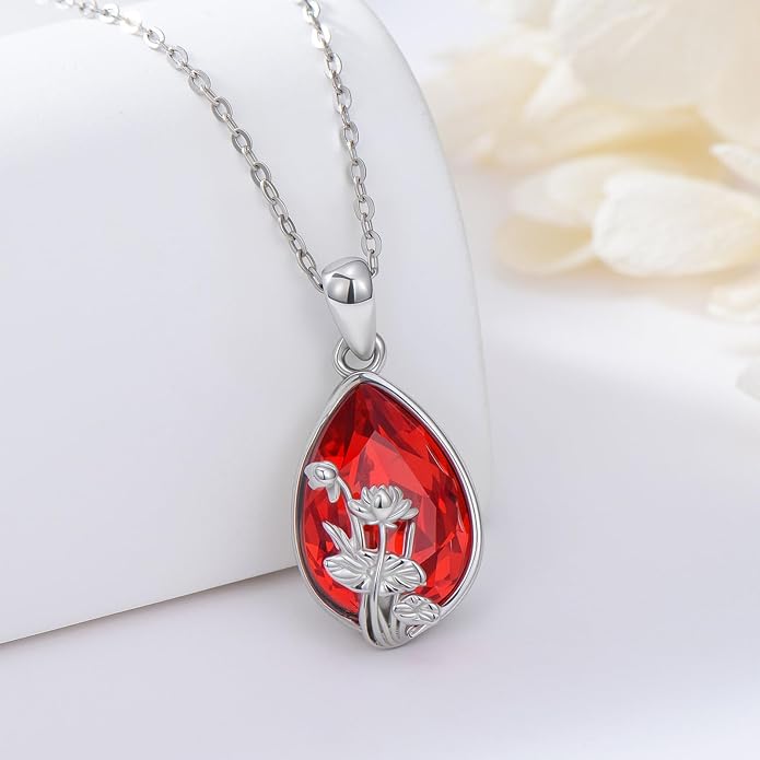 925 Sterling Silver Birth Flower Necklace with Teardrop Shaped Birthstone - 12 Colors, 12 Kinds of Flower - Ideal Birthday Jewelry Gift for Women, Mothers, Daughters & Wives