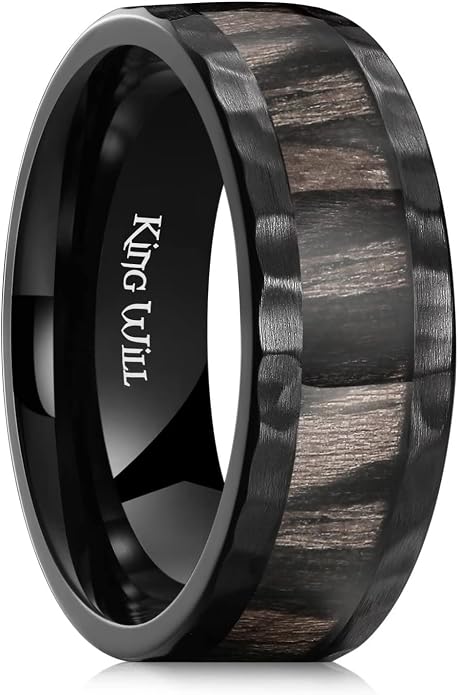 King Will 8mm Silver Hammered Titanium Ring Center Inlaid Wood Wedding Band for Men Hammered Wood Titanium Rings Polish Comfort Fit