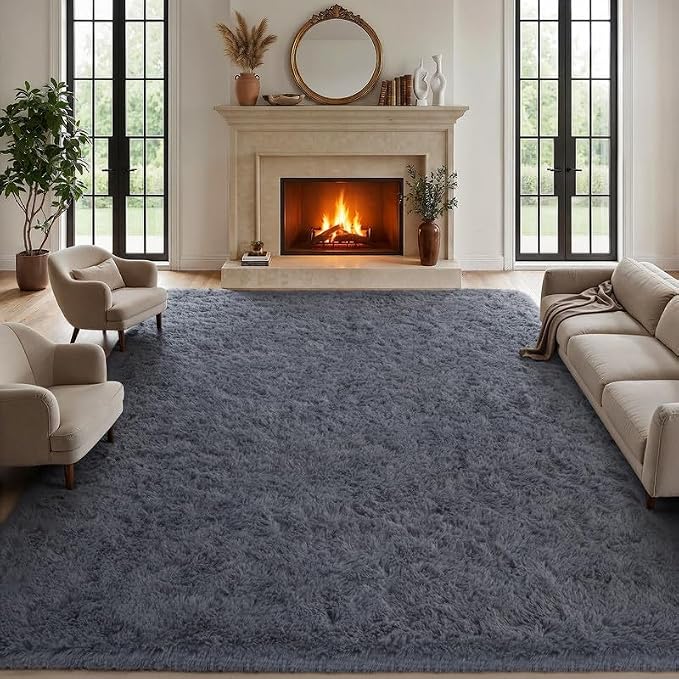 Area Rugs 9x12 Living Room Bedroom: Soft Fluffy Shag Rugs Upgrade Non-Slip High Pile Carpet Large Fuzzy Plush Indoor Floor Shaggy Carpets for Nursery Kid Playroom Office Dorms Home Decor Grey