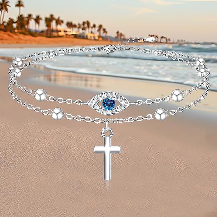 Evil Eye Anklet Sterling Silver Infinity Lotus Flower Evil Eye Anklets for Women Ankle Bracelets Turkish Blue Eyes Protection Chain Jewelry