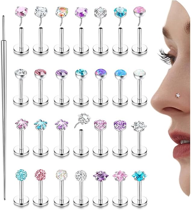 Nose Rings Studs Flat Back Earrings Hypoallergenic - Threadless Surgical Steel Nose Ring Studs Cartilage Earring Monroe Nostril Labret Medusa Tragus Conch Helix Piercing Jewelry for Women Men 28Pcs