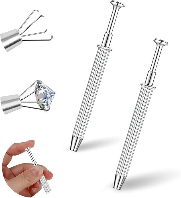 ONESING 2Pcs Piercing Ball Grabber Tool for Changing Jewelry, Stianless Steel Flat Back Earring Applicator Internally Threaded Push Pin Piercing Grabber Tool, Anti Slip 4 Claw Gem Ball Grabber Tool