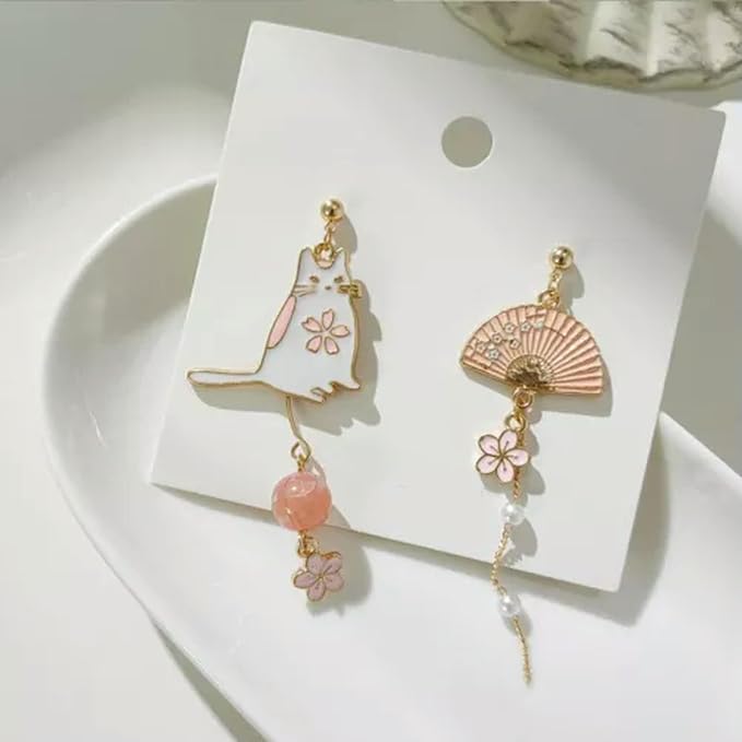 Cute Asymmetric Cat Moon Flower Long Tassel Stud Dangle Earrings Women Jewelry-Cat & Flower Fan