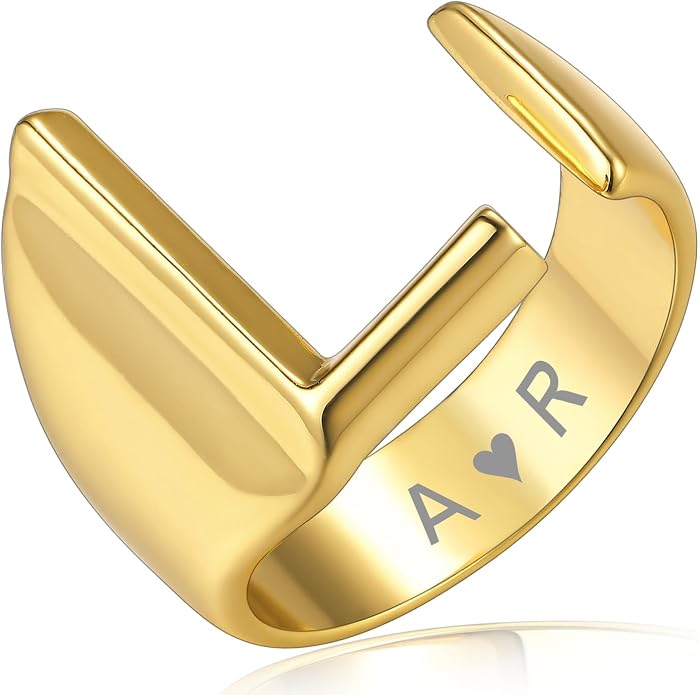 KeyStyle Bold Initial Letter Rings Adjustable, GoldChic Jewelry Women Gold Statement Ring Personalized Engraved Women’s Open Signet Ring for Party (Gold, White Gold, Black)