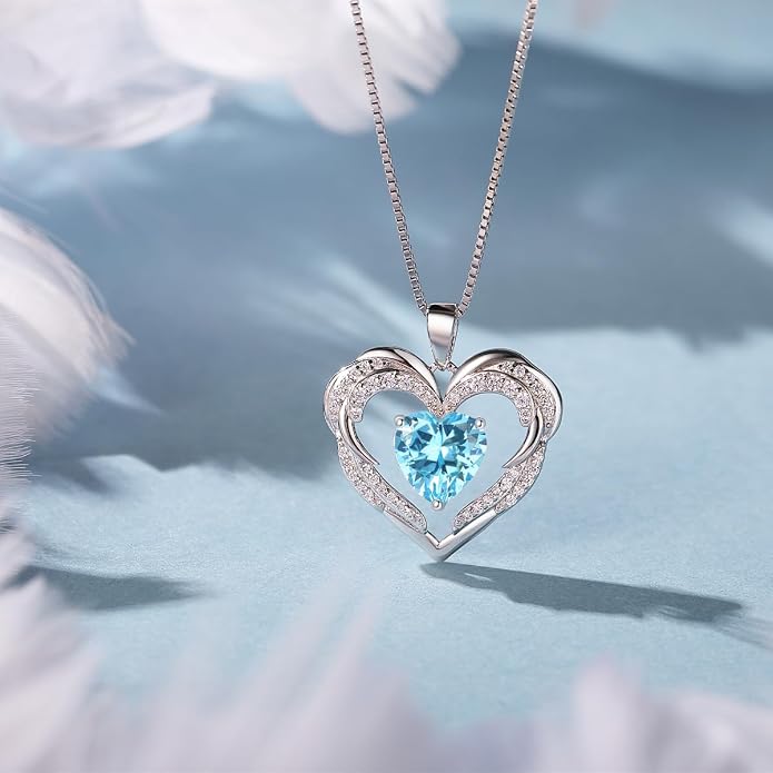 Heart Necklaces for Women Mother's day Gifts, Birthstone 925 Sterling Silver Angel Wings Love Pendant Necklaces for Women, Jewelry Gifts for Wife, Anniversary, Birthday