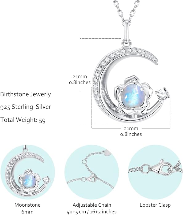Birthstone Necklace for Women Sterling Silver Moon Pendant Necklaces Anniversary Birthday Fine Jewelry Gifts for Her Women Mother, Adjustable Chain