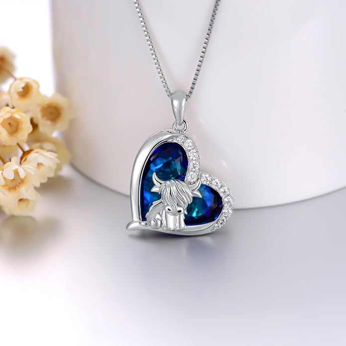 Highland Cow Gifts for Women 925 Sterling Silver Highland Cow Birthstone Necklace Fluffy Cow Jewelry Gifts Birthday Christmas