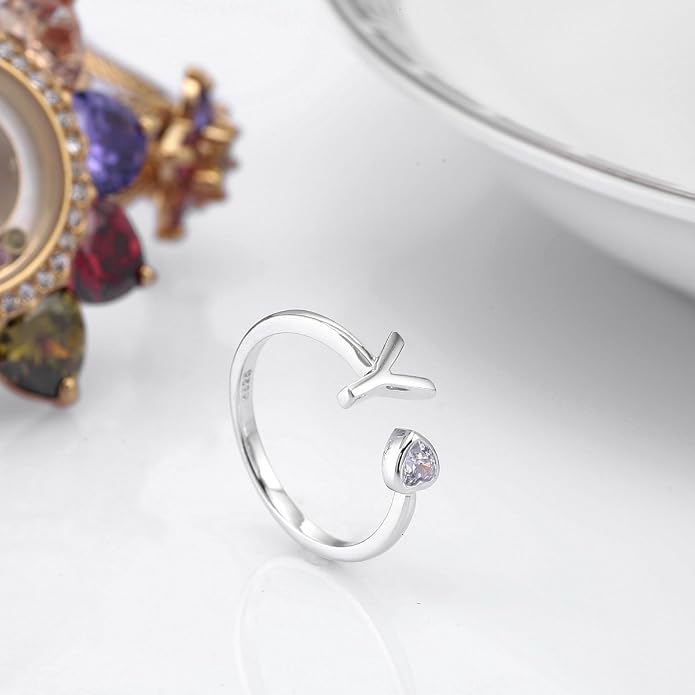 VIKI LYNN 925 Sterling Silver Rings Size 4.5 Adjustable Initial Letter Ring with Cubic Zirconia-Personalized Gifts for Women