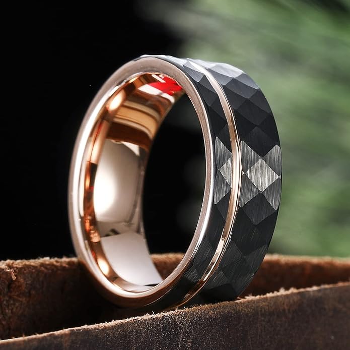King Will Men's 8mm Tungsten Carbide Wedding Band, Hammered Faceted Diamond Cut Ring with Groove Inlay, Geometric Industrial Engagement Band for Men Women Comfort Fit Size 7-14