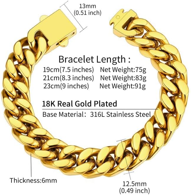 ChainsHouse Stainless Steel Cuban Link Bracelet for Men, 5mm/7mm/9mm/12mm Width, 7.5"/8.3"/9" Length, Black/18K Gold Plated Chain Wrist Bracelets for Men, with Gift Box