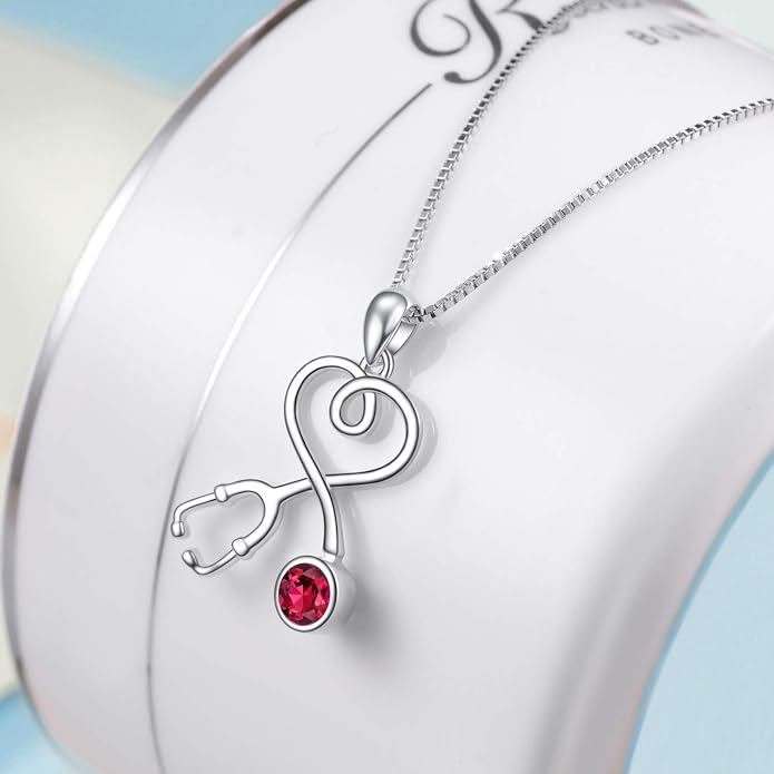 AOBOCO Stethoscope Necklace 925 Sterling Silver Embellished with 12 Months Birthstone Crystals from Austria, Graduation Gifts Medical Jewelry for Doctor Nurse Medical Student RN