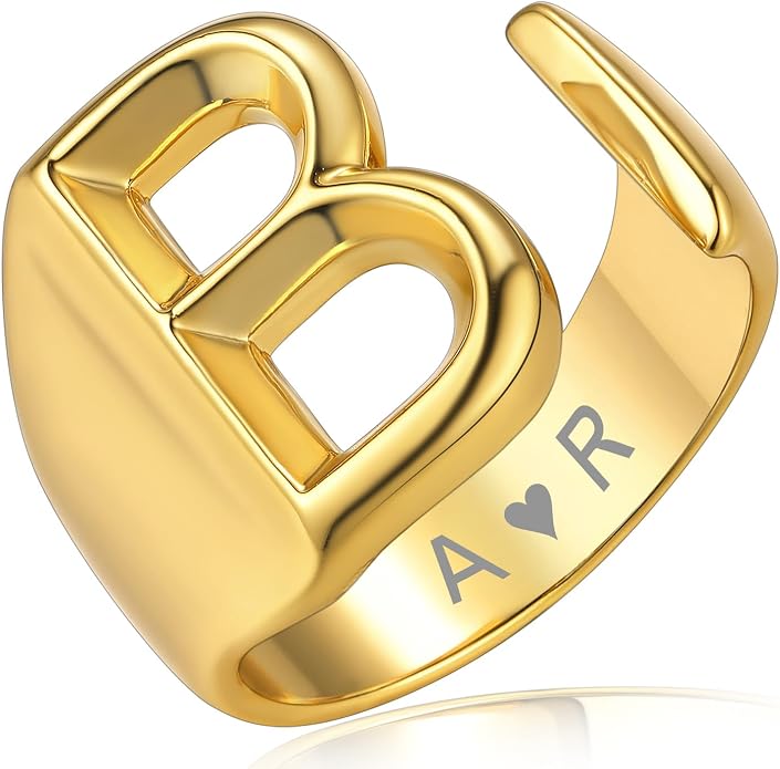 KeyStyle Bold Initial Letter Rings Adjustable, GoldChic Jewelry Women Gold Statement Ring Personalized Engraved Women’s Open Signet Ring for Party (Gold, White Gold, Black)