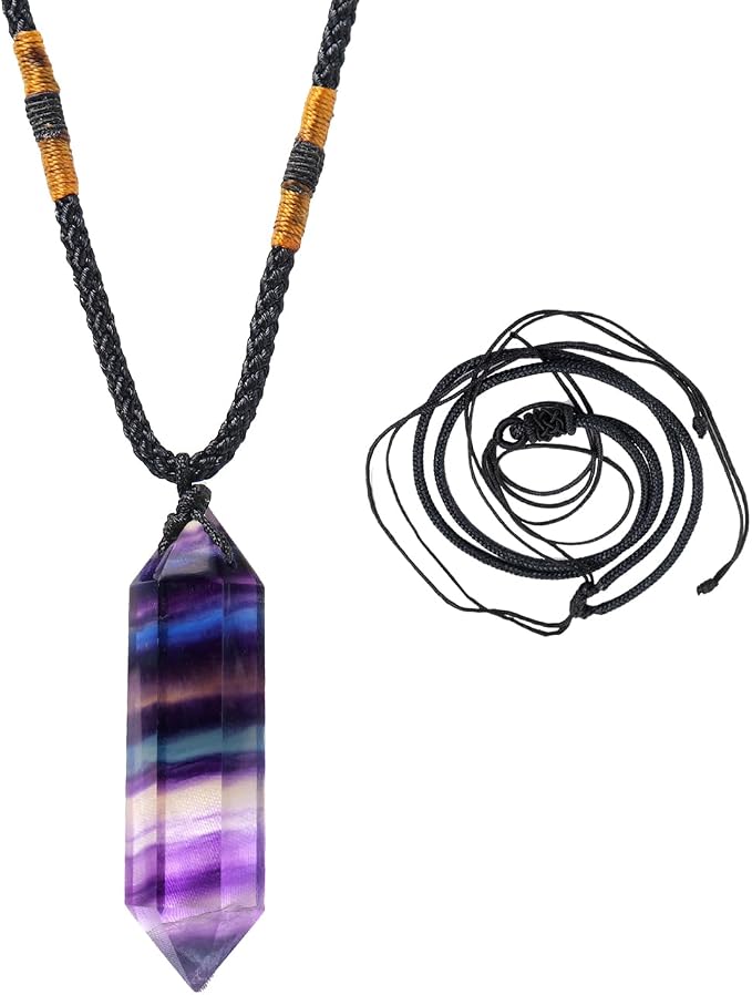 Runyangshi Rainbow Fluorite Healing Crystal Pendants, Double Pointed Natural Crystal Quartz Necklace 6 Faceted Chakra Crystal Wand Stone