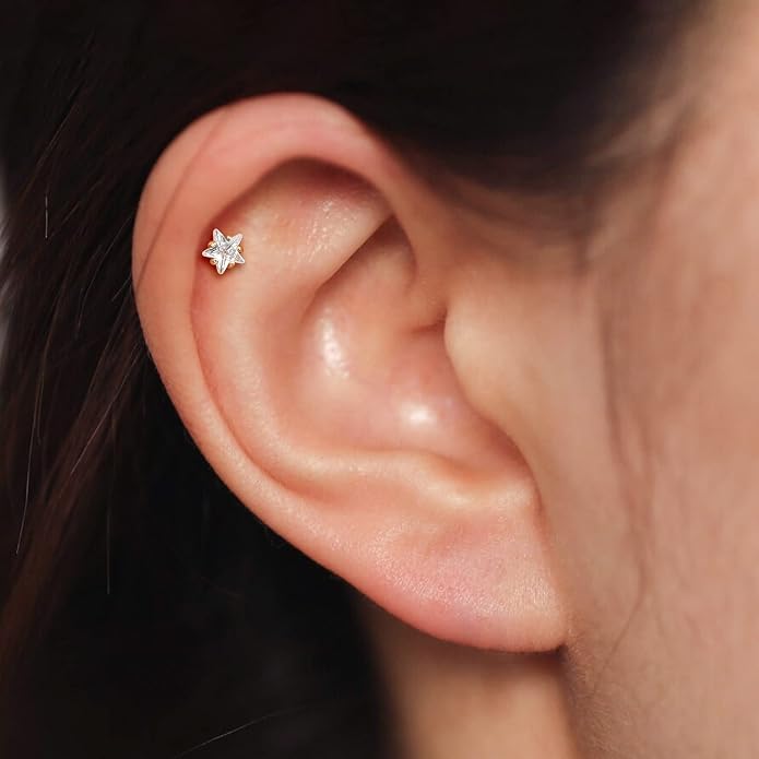 Cocharm 14K Gold Cartilage Earring Stud Yellow Gold Flat Back Helix Stud Push in Tragus Earring