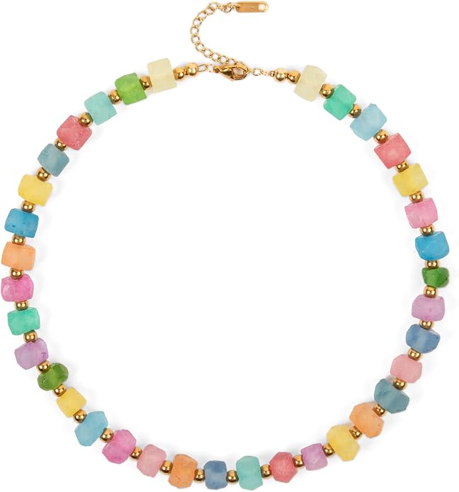 Chunky Frosted Sea Glass Beaded Necklace for Women - Handmade Recycled Glass, 18K Gold Plated or Silver Toned Stainless Steel, Adjustable 16-18 inch Boho Statement Necklace