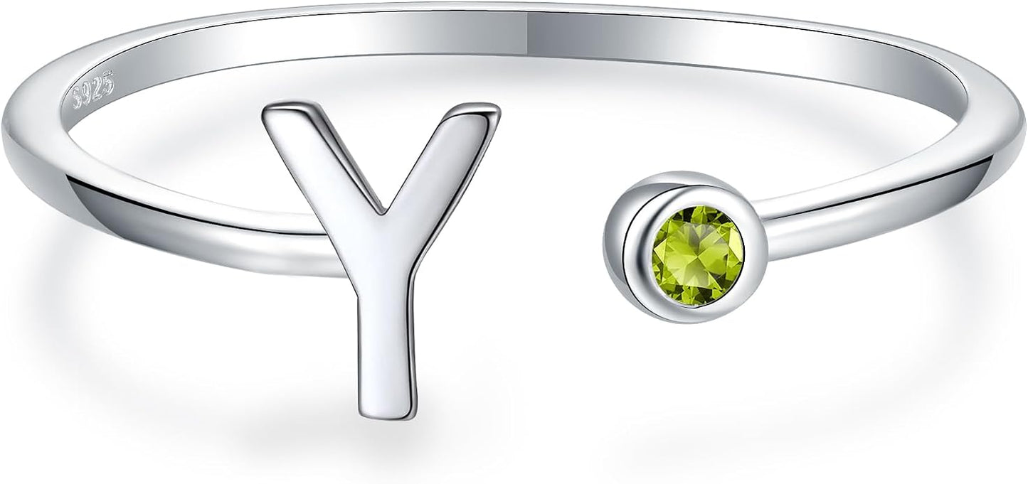 925 Sterling Silver Initial Letter Birthstone Rings for Women Adjustable 1-12 Month Birthstone Alphabet Stacking Ring for Teens Girls Stackable Birthstone Rings Birthday Jewelry Gift for Daughter Mom