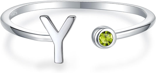 925 Sterling Silver Initial Letter Birthstone Rings for Women Adjustable 1-12 Month Birthstone Alphabet Stacking Ring for Teens Girls Stackable Birthstone Rings Birthday Jewelry Gift for Daughter Mom