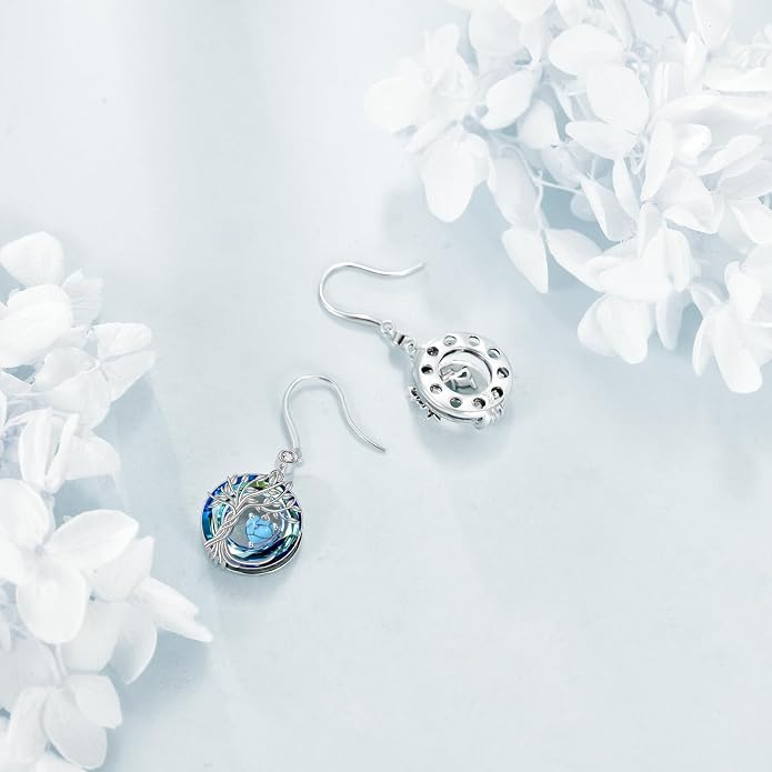 POPLYKE Tree of Life Birthstone Earrings 925 Sterling Silver Dainty Gemstone Birthstone Dangle Drop Earring with Crystal Fine Jewelry Birthday Gifts for Women Her