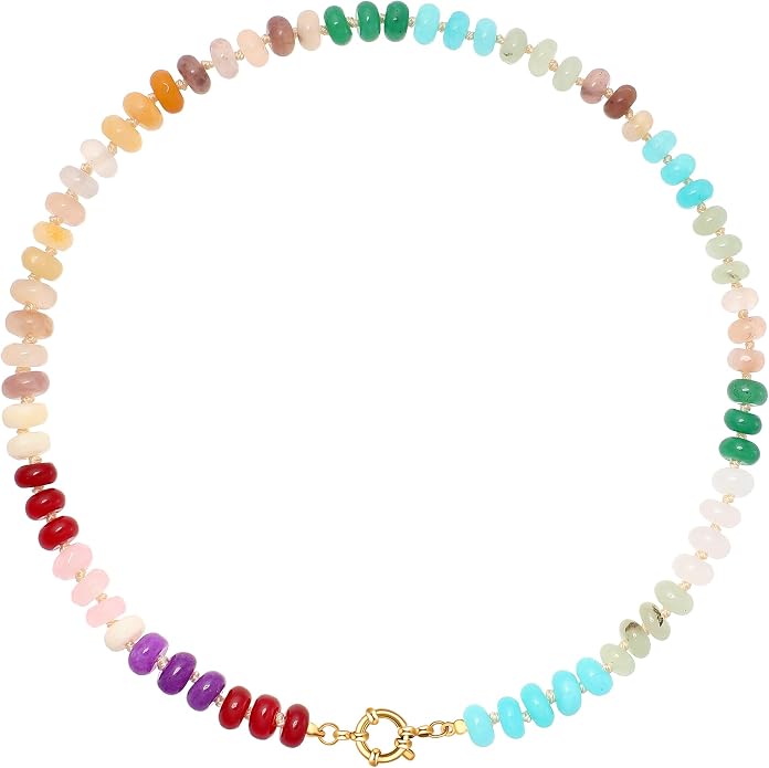 LALAPPLE Colorful Beaded Gemstone Necklace for Women, Boho Rainbow Bead Choker with Natural Stone Crystal Beads, Handmade Summer Beach Necklace Jewelry