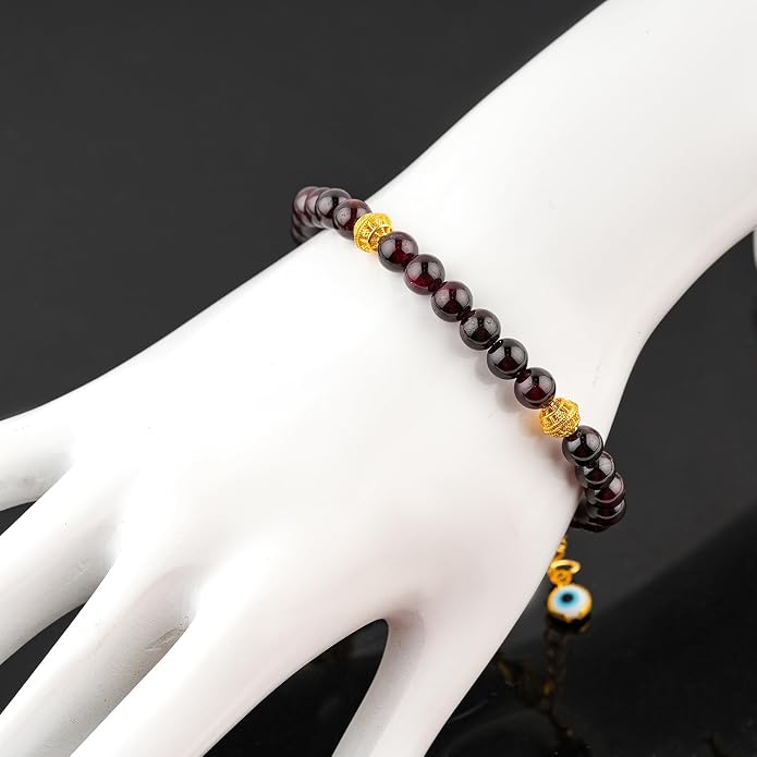 AAA Grade Natural Gemstone Beaded Bracelet, 14K Gold Plated with Evil Charm, Wicca & Reiki Healing Crystals, Handmade Bohemian Jewelry, Christmas Gift for Women (7+1inch)