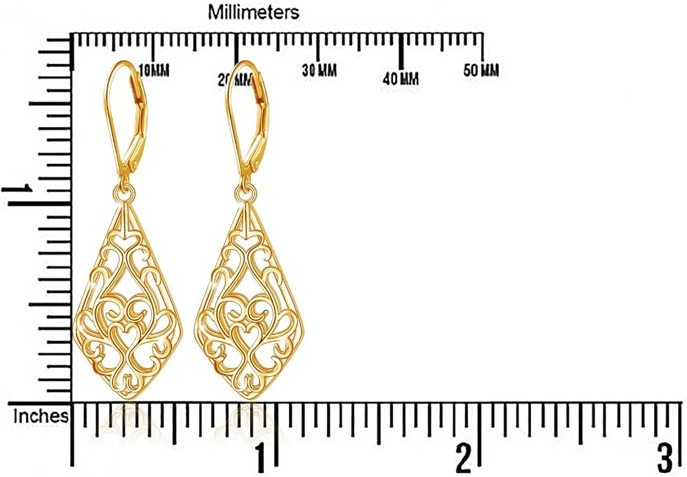 Sterling Silver Leverback Dangle Earrings for Women Teardrop Filigree 14K Gold Plated Dangly Earrings Mother’s Day Gift