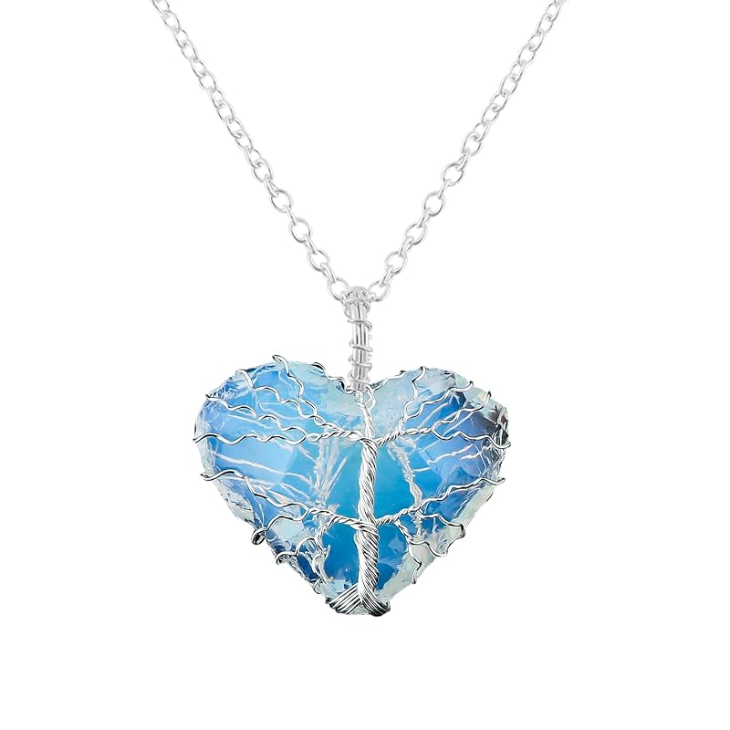 (3pcs) (Tree of Life Craft) Raw White Sea Glass Rough Crystals Pendant Necklace, Wire Wrapping, Gift Giving Women Jewelry with Dainty Silver Plated Chain 18 inch