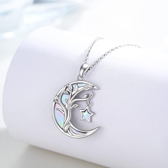 Christmas Gifts Tree of Life/Celtic/Moon Necklace 925 Sterling Silver Moon Pendant Abalone/Opal jewelry for Women Sister Christmas Gifts