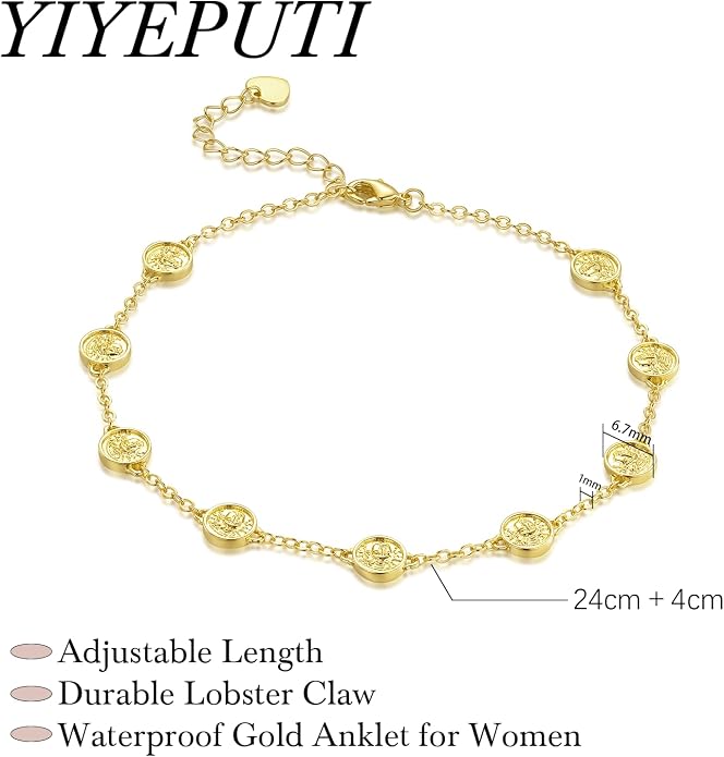 14K Gold Anklets for Women Gold Ankle Bracelets for Women Beach Anklets Romance on Coin Portrait Relief Dainty Coin Anklet for Womens Ankle Bracelets With Adjustable Size (9.4-11) in