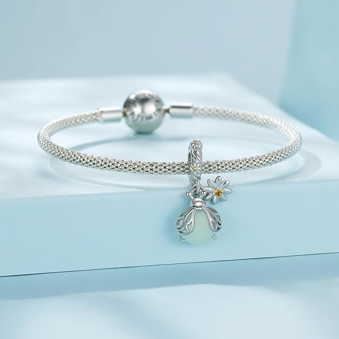 NINGAN 925 Sterling Silver Charm Golden Love Charm Buckle Safety Chain Travel Bead Firefly Dragonfly Pendant, Suitable for Women Bracelet and Necklace as Gift from Mom and Friends