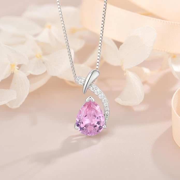 Teardrop Birthstone Necklace for Women,925 Sterling Silver Pear Cut Zircon Gemstone Pendant Necklace for Birthday Engagement Anniversary Wedding Jewelry