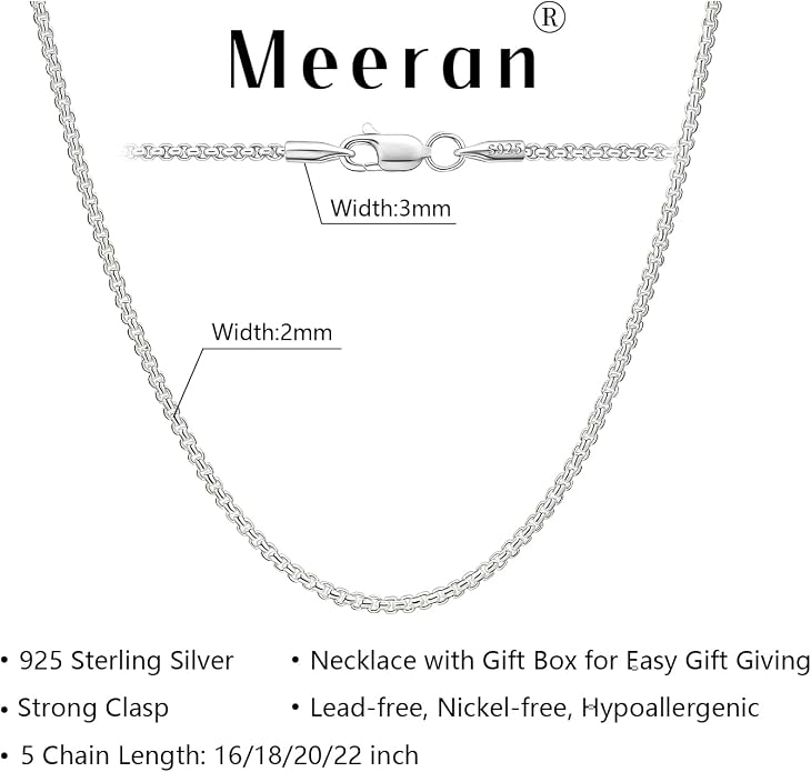 Silver Chain for Men, 925 Sterling Silver Necklace, 16-24 Inches 2mm Box Chain, Jewelry for Men Women