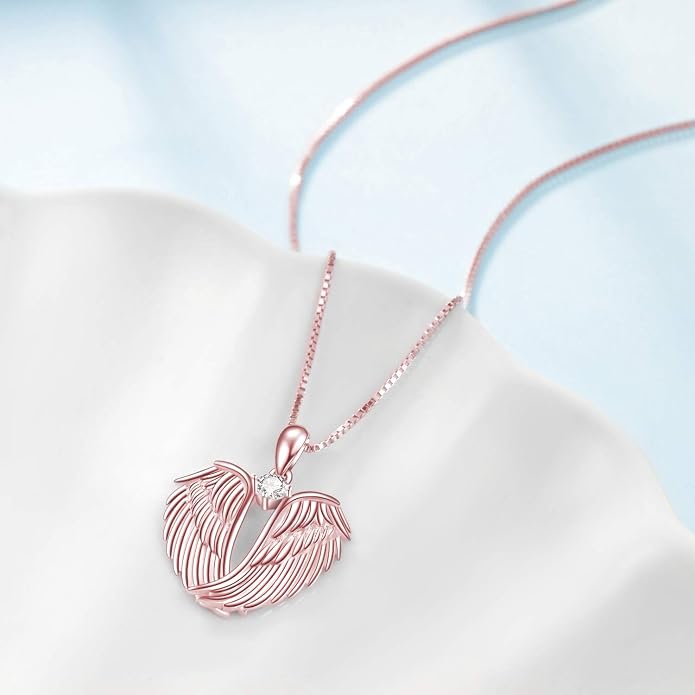YFN Angel Wings Necklace 925 Sterling Silver Guardian Angel Wings Pendant Necklace Birthstone Necklace for Women Girls Christmas Jewelry Gifts