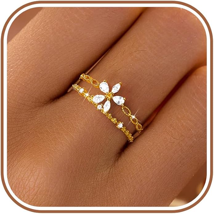 LOVECOM 925 Sterling Silver Butterfly Daisy Flower Rings for Women Mothers Self Love Ring for Myself Adjustable Gold Layered Colorful Opal Cubic Zirconia Stackable Ring Jewelry Gifts to Daughter