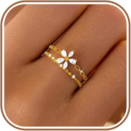 LOVECOM 925 Sterling Silver Butterfly Daisy Flower Rings for Women Mothers Self Love Ring for Myself Adjustable Gold Layered Colorful Opal Cubic Zirconia Stackable Ring Jewelry Gifts to Daughter