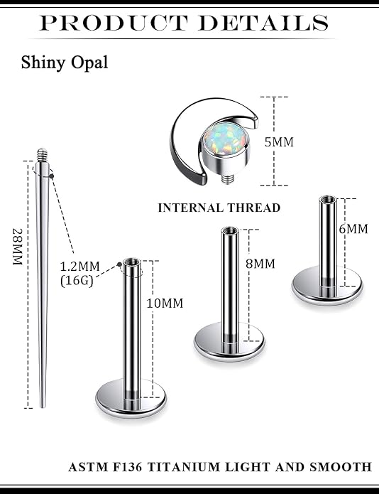 16G Astm F136 Titanium Internal Thread Flat Back Earrings Nose Studs Tragus Forward Helix Conch Cartilage Lobe Earrings Stud Medusa Labret Monroe Lip Ring Piercing Jewelry For Women Men