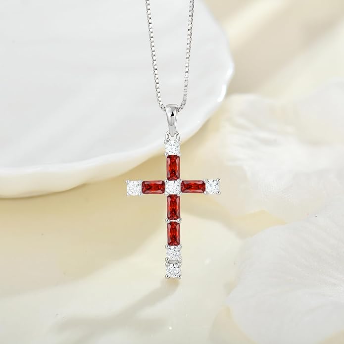 Birthstone Cross Necklace for Women 925 Sterling Silver Christian Religious Crucifix Pendant Rectangular Cut Birthstone Jewelry Gifts for Her