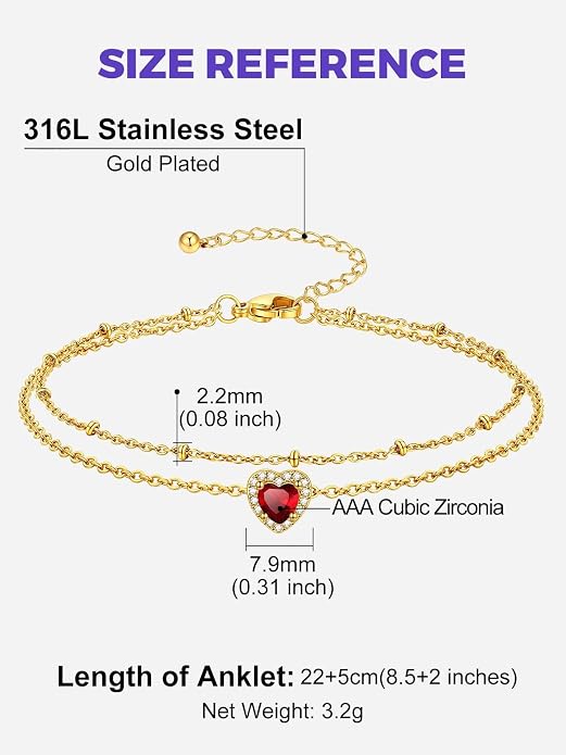 Richsteel Double Layer Heart/Butterfly Birthstone Anklet for Women Non Tarnish Waterproof, Silver/Gold/Black Stainless Steel 8.5-10.5 Inch Adjustable Chain Anklets Jewelry Gifts for Her