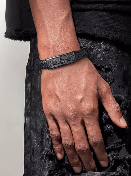 ChainsHouse Mens Wrap Braided Leather Black Bead Bracelets Bangles, Vintage Star of David/Wing Skull/Templar Cross Genuine Leather Bracelet, Customize Available, Size 7.5/8.3/9.0 Inch, Send Gift Box