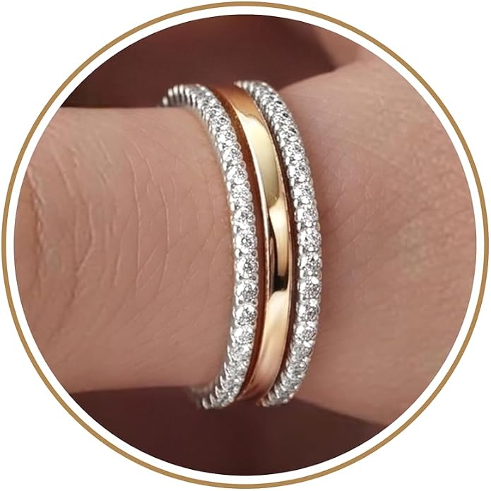 Purplepig Stackable Rings for Women Non Tarnish, Two Tone Mixed Metal Dainty Eternity Band Set, 14K Gold & Sterling Silver Plated Cubic Zirconia Hypoallergenic Wedding Thumb Pinky Rings Size 4-11