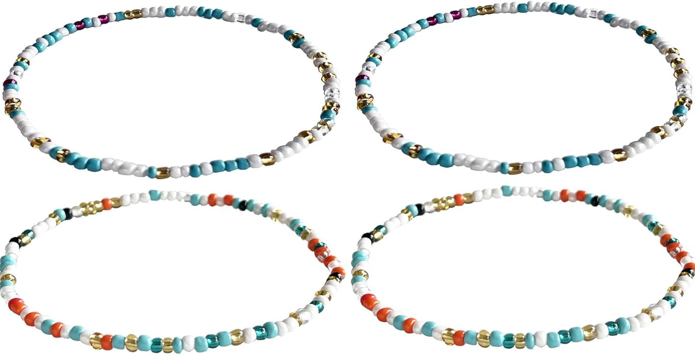 Boho Beads Anklets Set of 2pcs, Waterproof Beach Adjustable Stretch Imitation Turquoise White Pearls Bracelets for Women, Handmade Jewelry Gifts