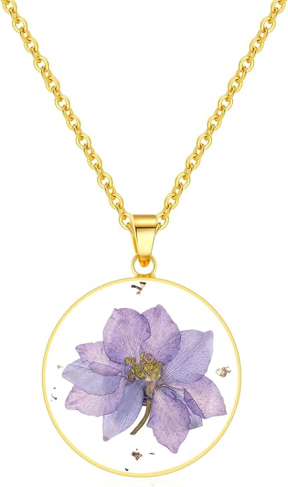 AUNTESIGN Forget-Me-Not and Queen Anne's Lace Pressed Wildflower Necklace | Birth Month Flowers Necklace | Gold/Silver Pressed Flower Jewelry | Mother's Day | Gift For Her