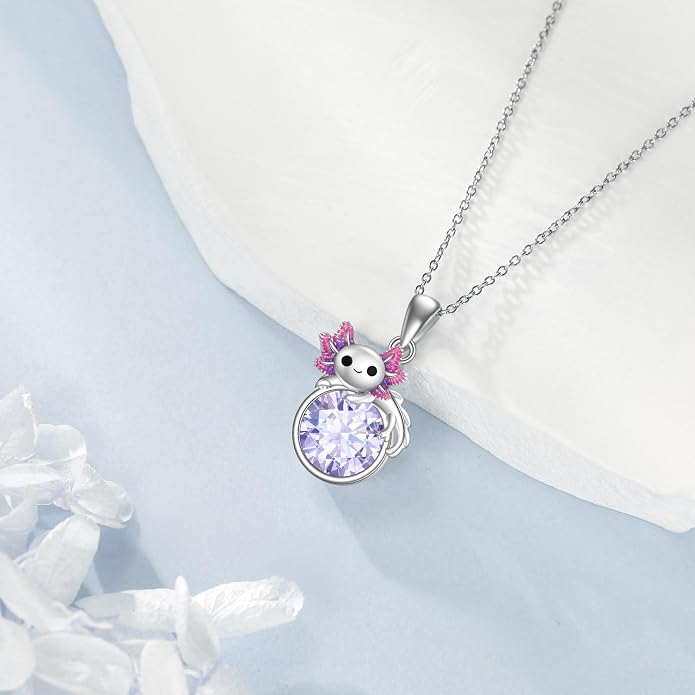 Birthstone Axolotl Necklace Sterling Silver Axolotl Pendant Cubic Zirconia Jewelry Birthday Gifts for Women Men