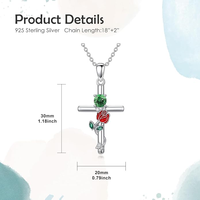 Birthstone Cross Necklace 925 Sterling Silver Rose with Butterfly Birthstone Cross Pendant Necklace Jewelry Gifts for Women Birthday Christmas