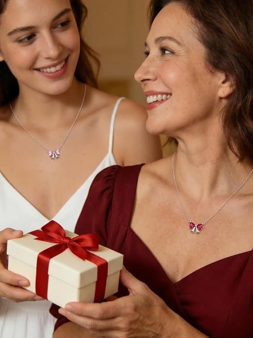 ChicSilver Bow and Cat Birthstone Necklace, 925 Sterling Silver Pendant Necklaces for Women, Hypoallergenic Silver Choker with 16 inch Rolo Chain, 12 Months Jewelry for Valentines Mothers Day Christmas