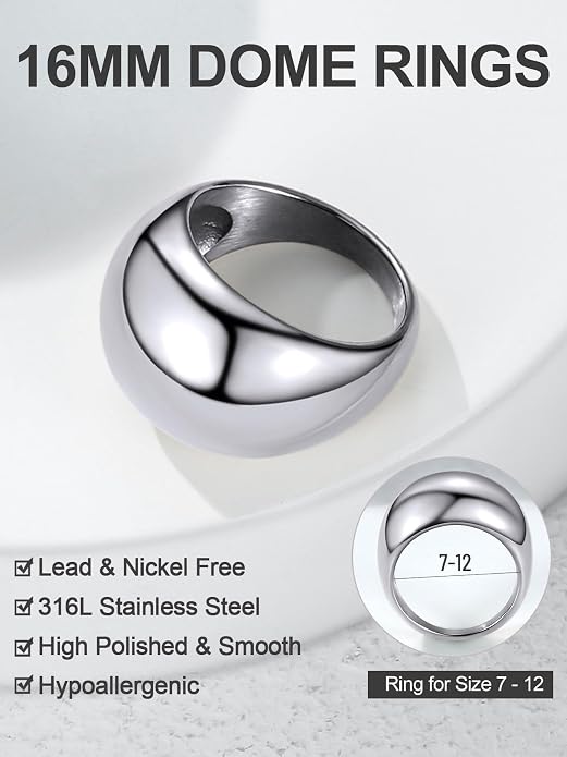 GOLDCHIC JEWELRY Chunky Dome Ring for Women, Stainless Steel Bold Stacking Croissant Statement Ring For Men (Size 7-12, Custom)
