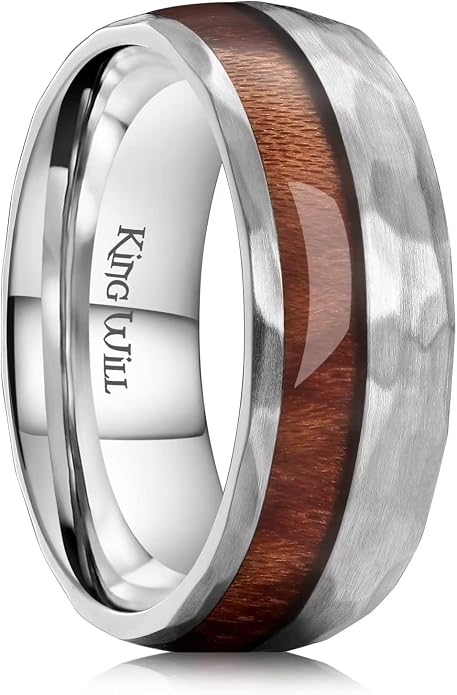 King Will 8mm Silver Hammered Titanium Ring Center Inlaid Wood Wedding Band for Men Hammered Wood Titanium Rings Polish Comfort Fit